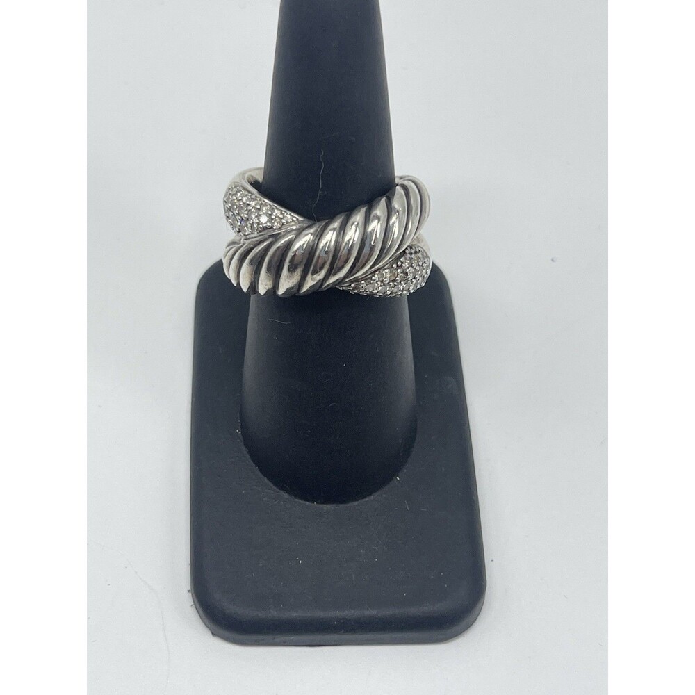 David Yurman Sterling Silver Diamond Cable Crossover Wide Ring Sz 7.25